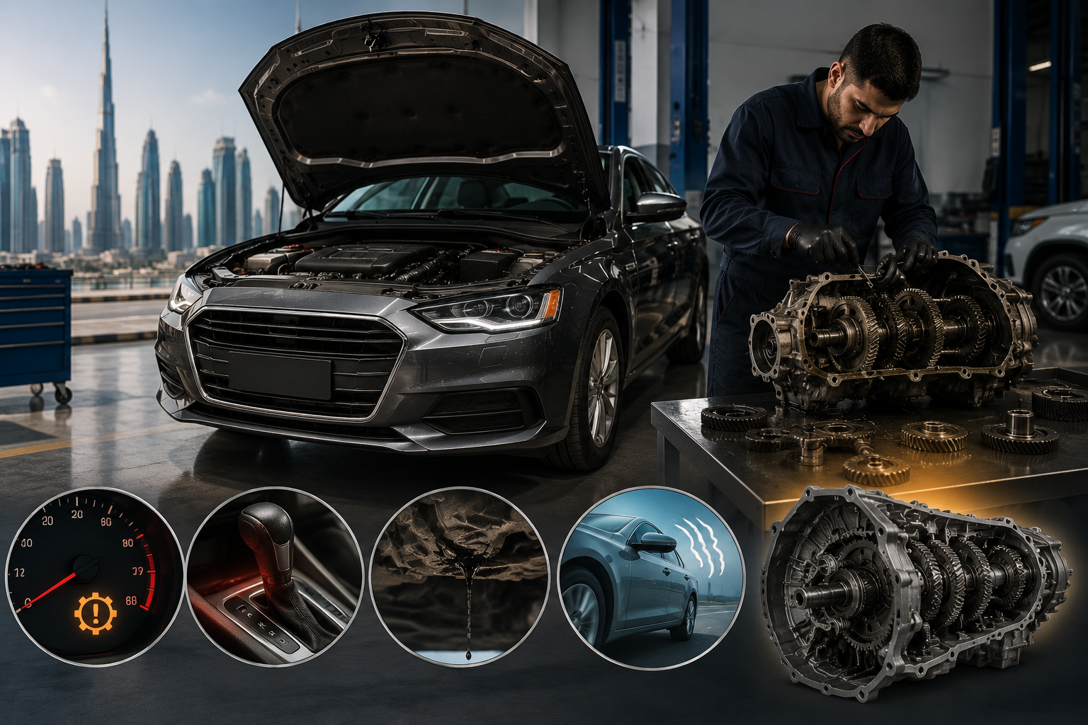 Automotive technician repairing a vehicle gearbox in a professional Dubai workshop with a sedan and transmission components displayed.