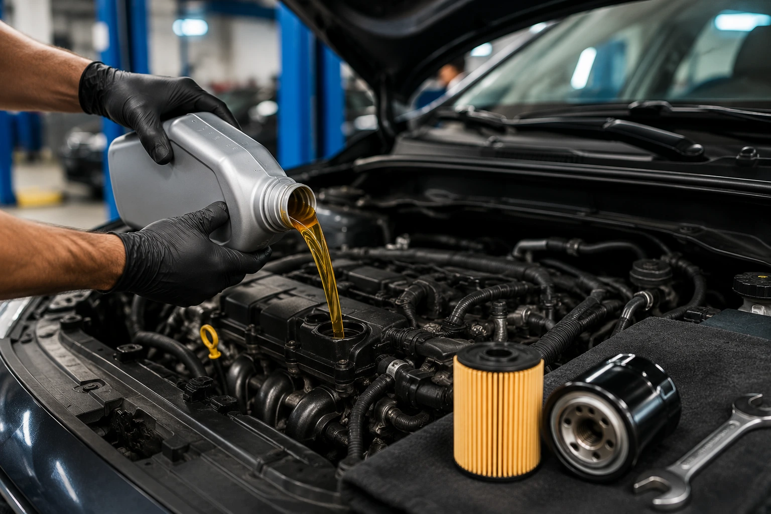 Mechanic pouring fresh engine oil into a car engine with new oil filters during routine vehicle maintenance.